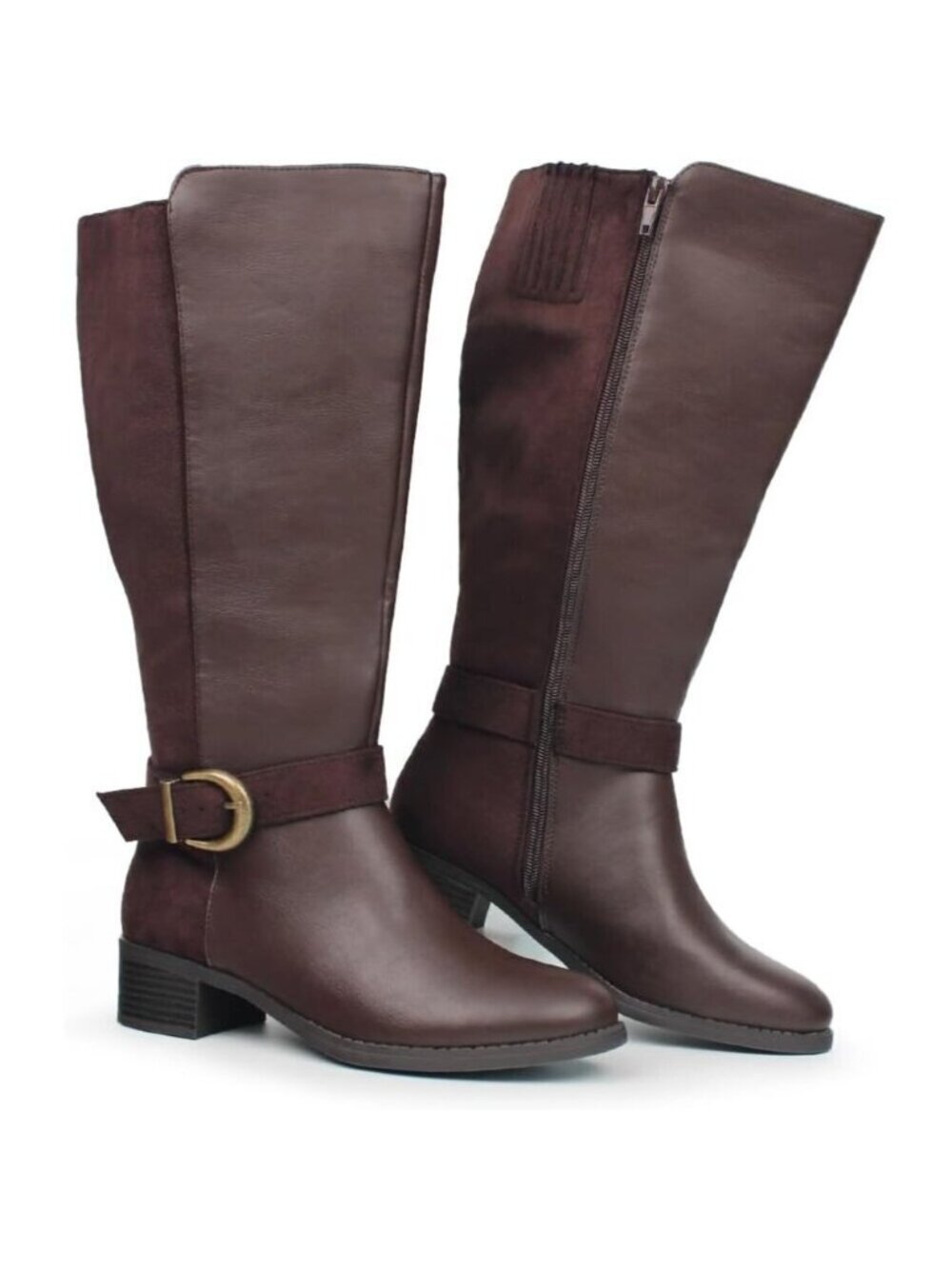 Women's Extra Wide Calf Pull On Side Zipper Zip Closure Knee High Brown Boots
